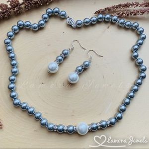 Silver Pearl Necklace/ drop Earrings Jewelry Set